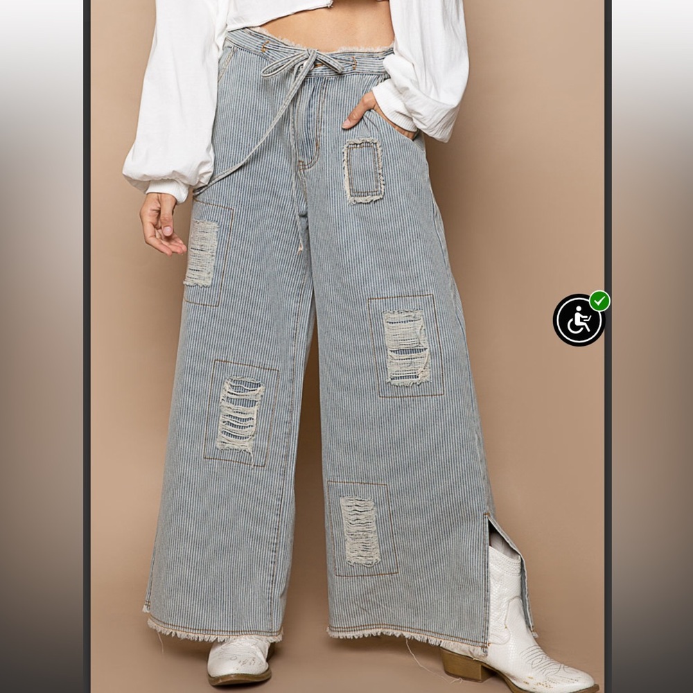 POL Wide Leg Distressed Patchwork Pants in Light Blue
